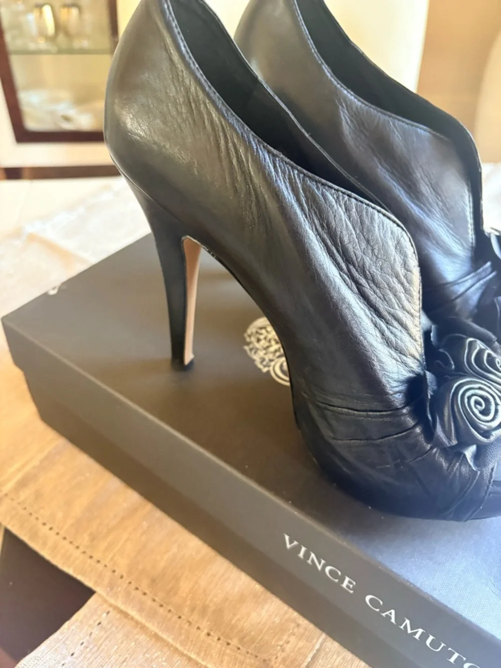 Vince Camuto Black Peep-Toe Nappa Pumps with Rose Appliqué - Picture 3 of 4